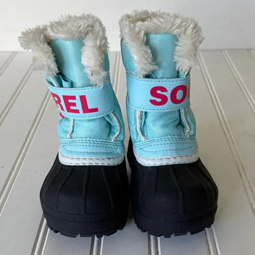 Sorel Snow Commander kids' boots size 6 blue pink logo black rubber shell.